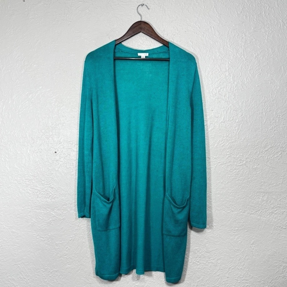J Jill Cardigan Sweater Small Teal Linen Open Longline Tunic Coastal Luxury Art